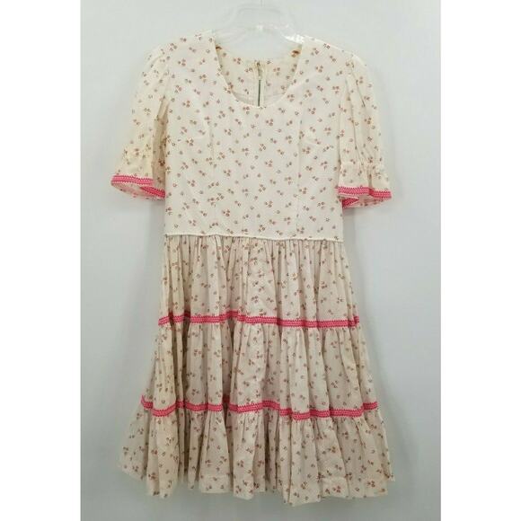 Vintage Floral Fit & Flare Mini Dress Short Puff Sleeves Scoop Neck Ivory - Picture 1 of 11